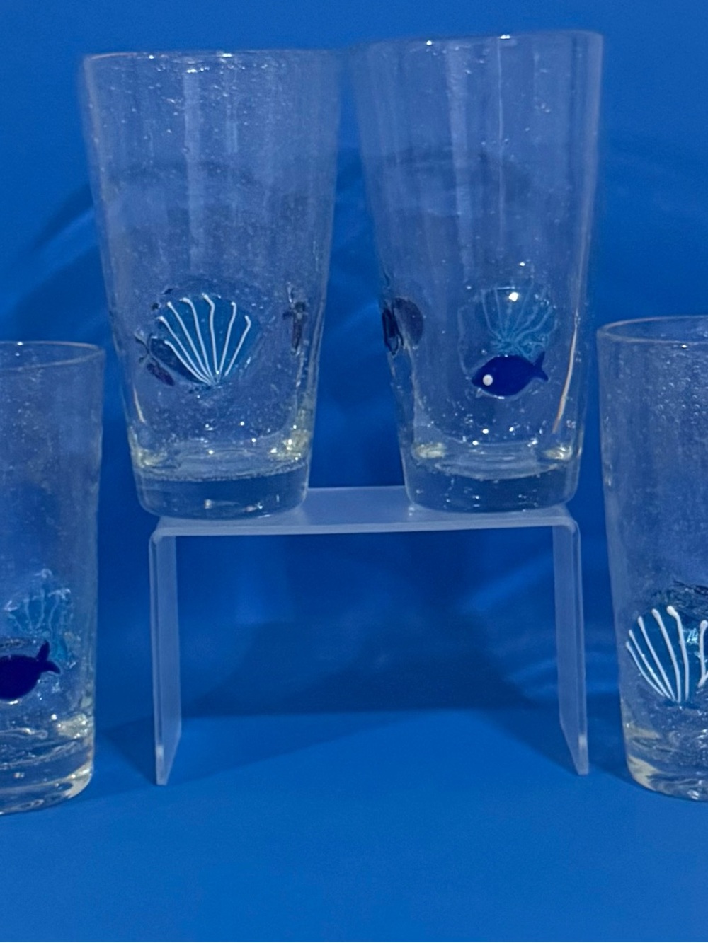 Set of 4 Madison Home Ocean Icon Glass Tumblers Blue Seashell Coastal 16oz